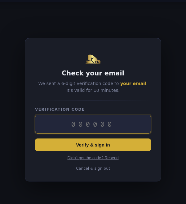 Check your email page asking for the 6-digit code