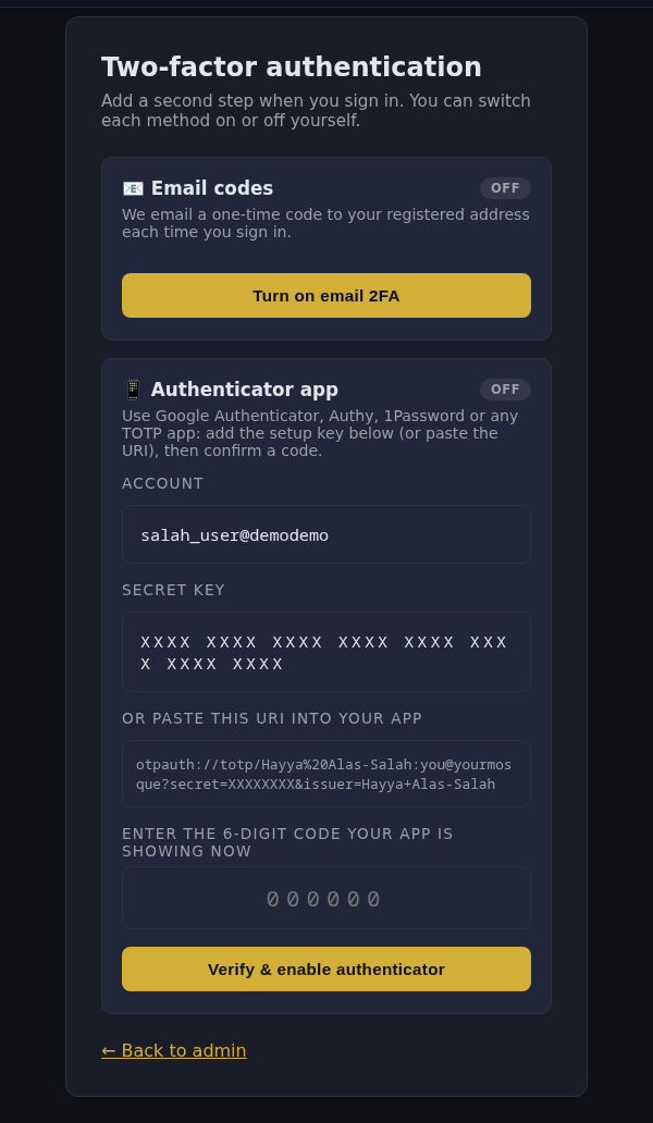 Two-factor authentication settings page