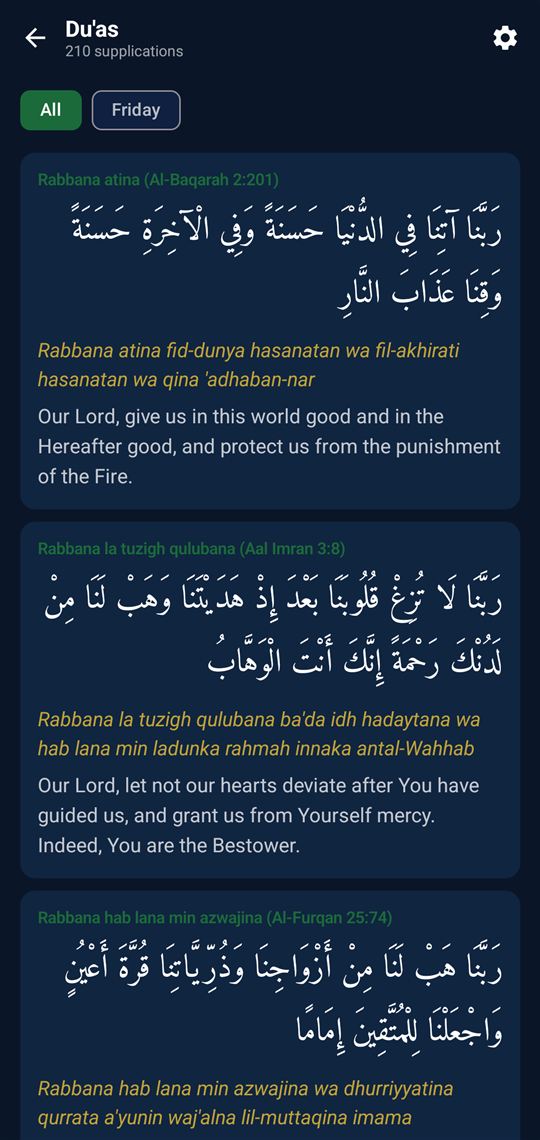 Du'as list with Arabic, transliteration and meaning