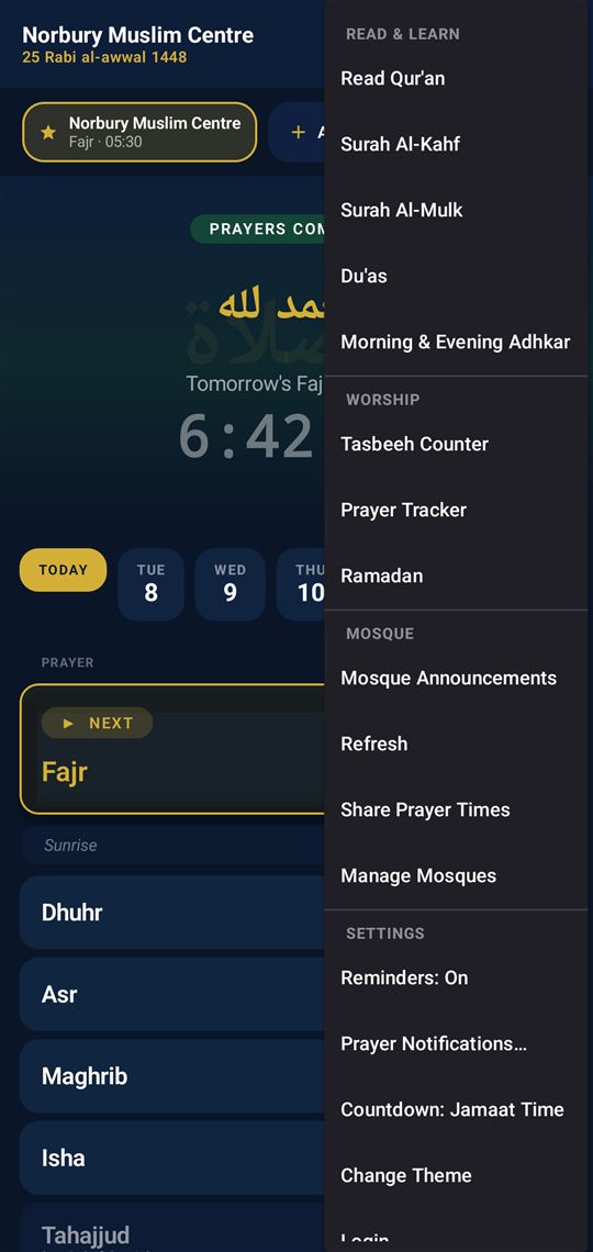 The three-dot menu open, grouped into Read & Learn, Worship, Mosque and Settings