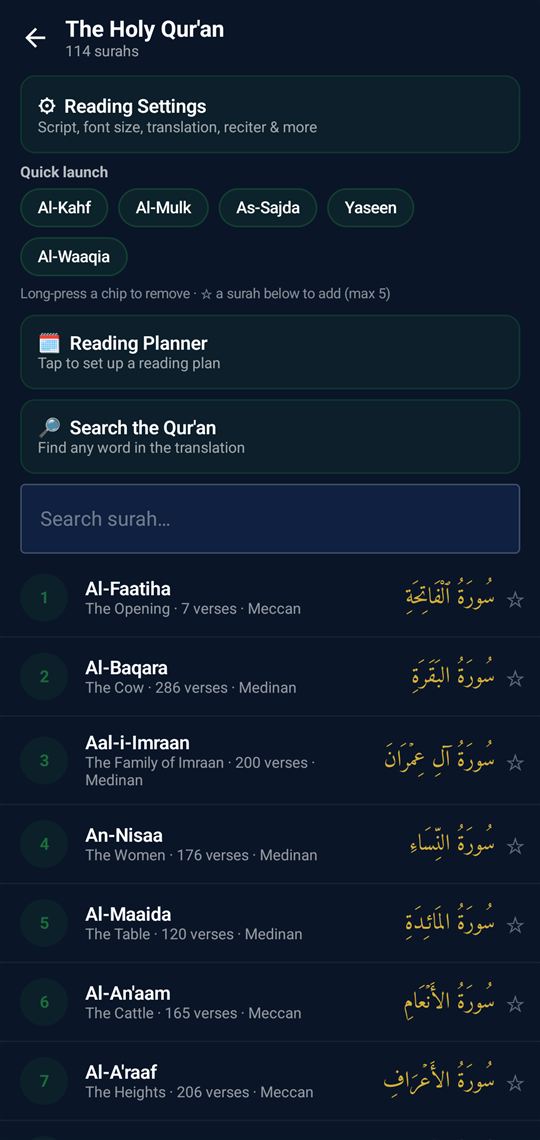 The Holy Qur'an index with reading settings, quick-launch chips, planner and search
