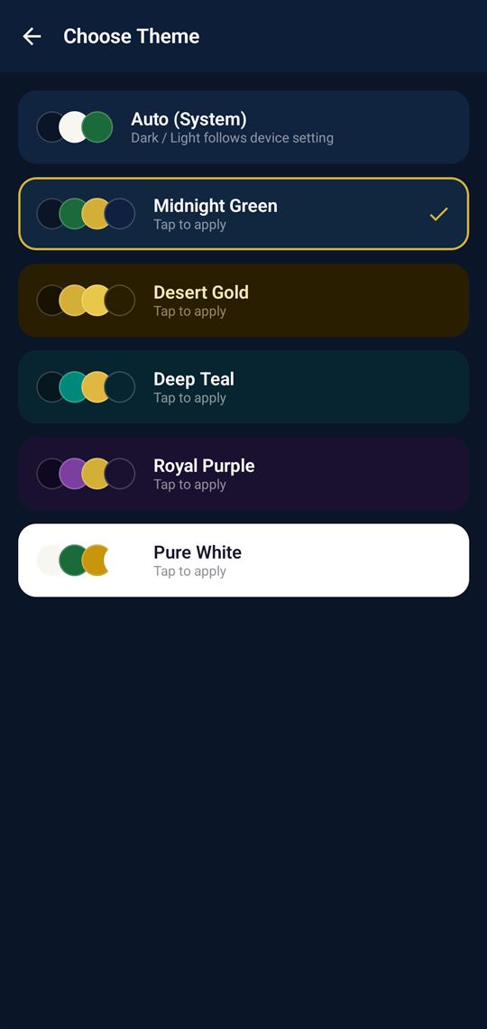 Choose Theme screen listing Auto, Midnight Green, Desert Gold, Deep Teal, Royal Purple and Pure White