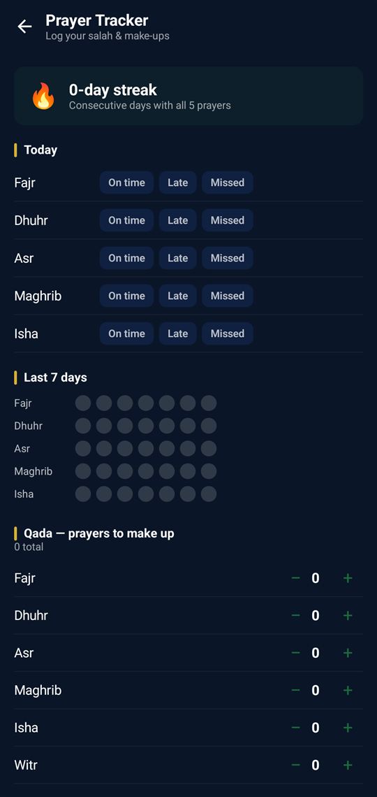 Prayer Tracker with today's prayers, a 7-day grid and qada counters