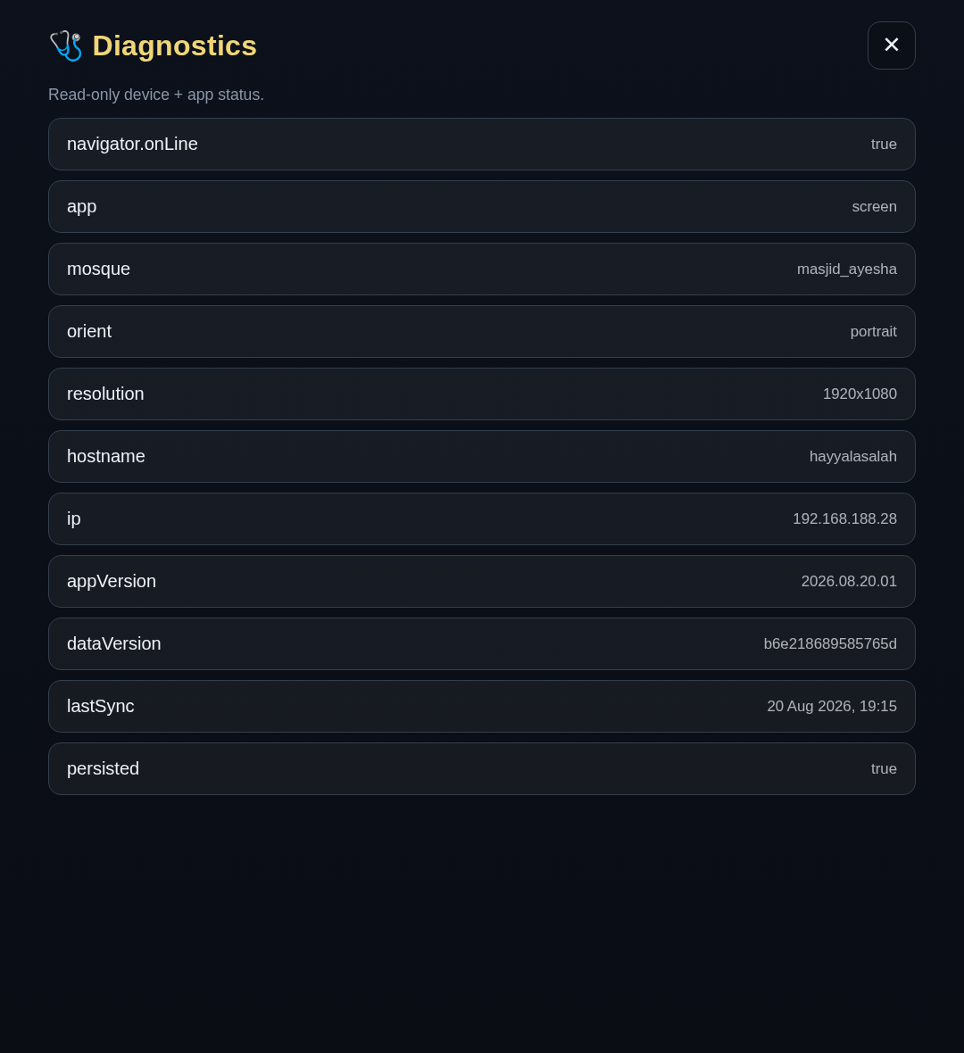 Diagnostics panel showing device status