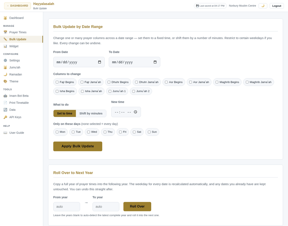 Bulk Update by Date Range form and Roll Over to Next Year