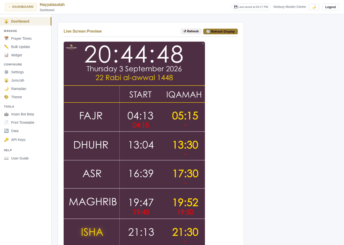Kiosk admin dashboard with sidebar and live screen preview