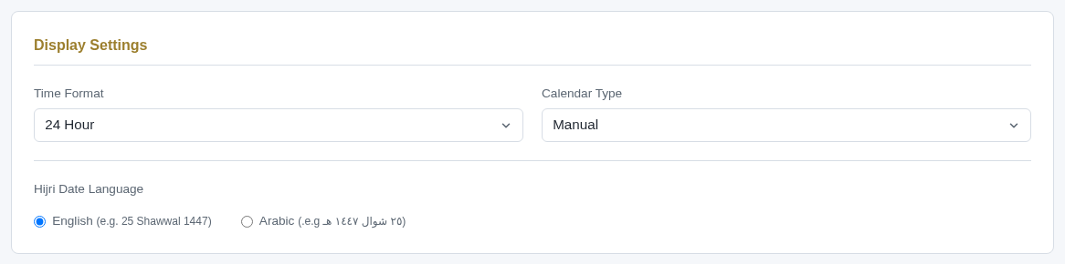 Display Settings card with Time Format 24 Hour and Calendar Type Manual