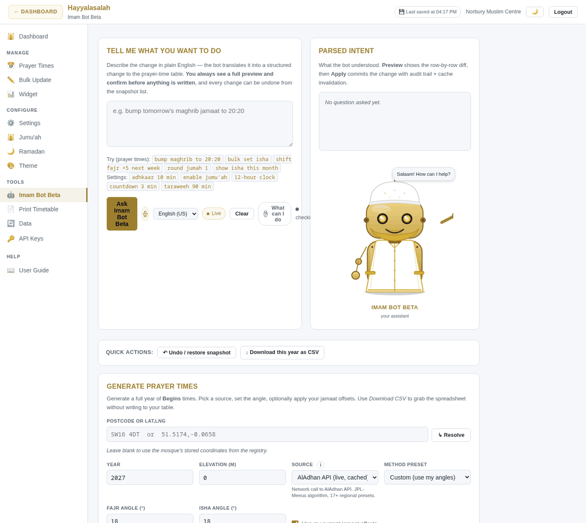 Imam Bot Beta page with request box, parsed intent and quick actions