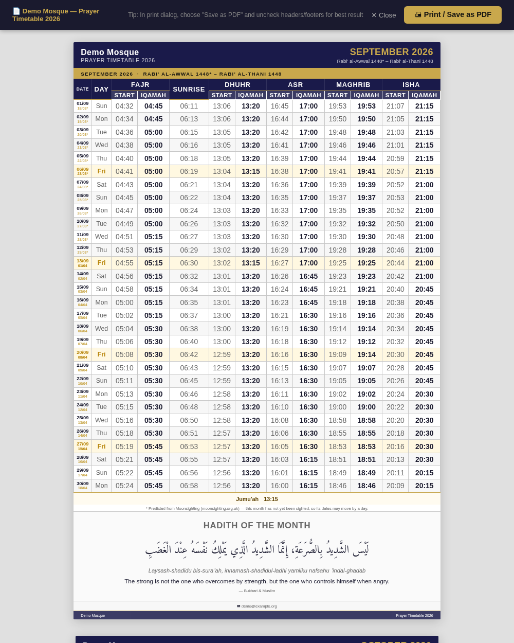 September page of a printed timetable on the Manual calendar: Hijri dates under each Gregorian date, asterisks on the days before the recorded month start, and a footnote explaining the asterisk