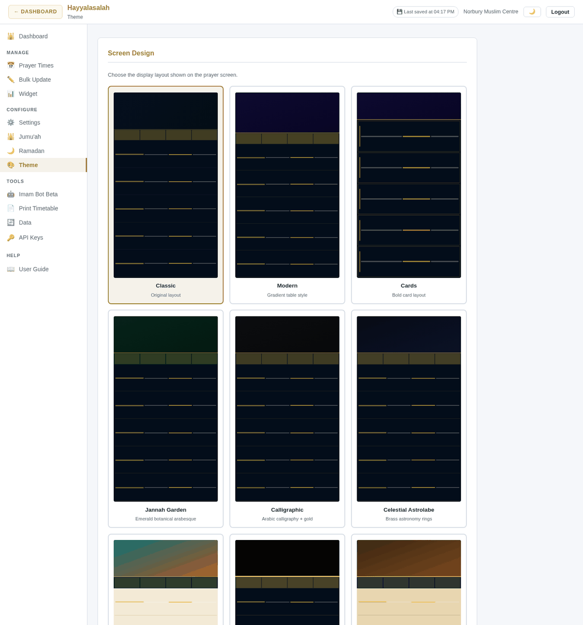Screen Design grid with theme thumbnails