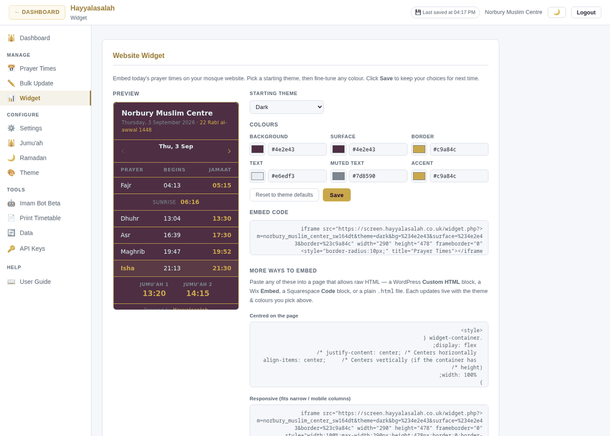 Website Widget page with preview and embed code