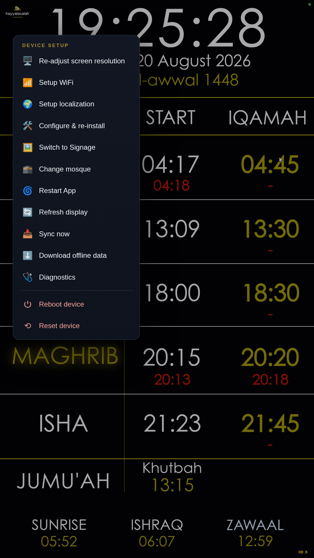 The Device setup menu open over the Salah Screen