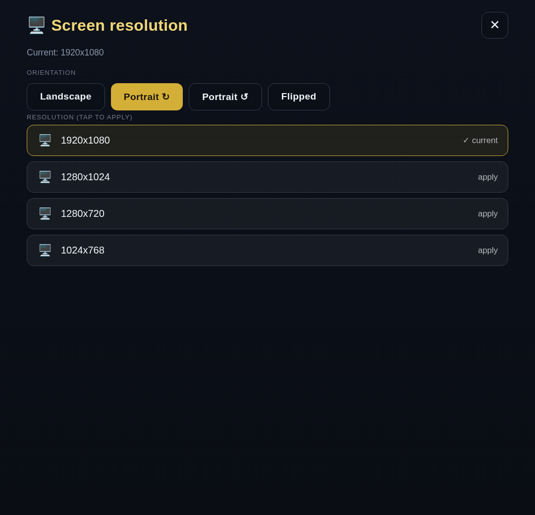Screen resolution panel with orientation and resolution options
