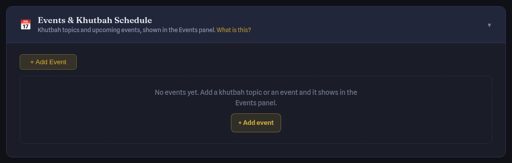 Events and Khutbah Schedule card