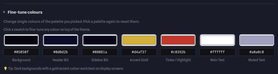 Fine-tune colours section opened, showing seven colour swatches with their hex values