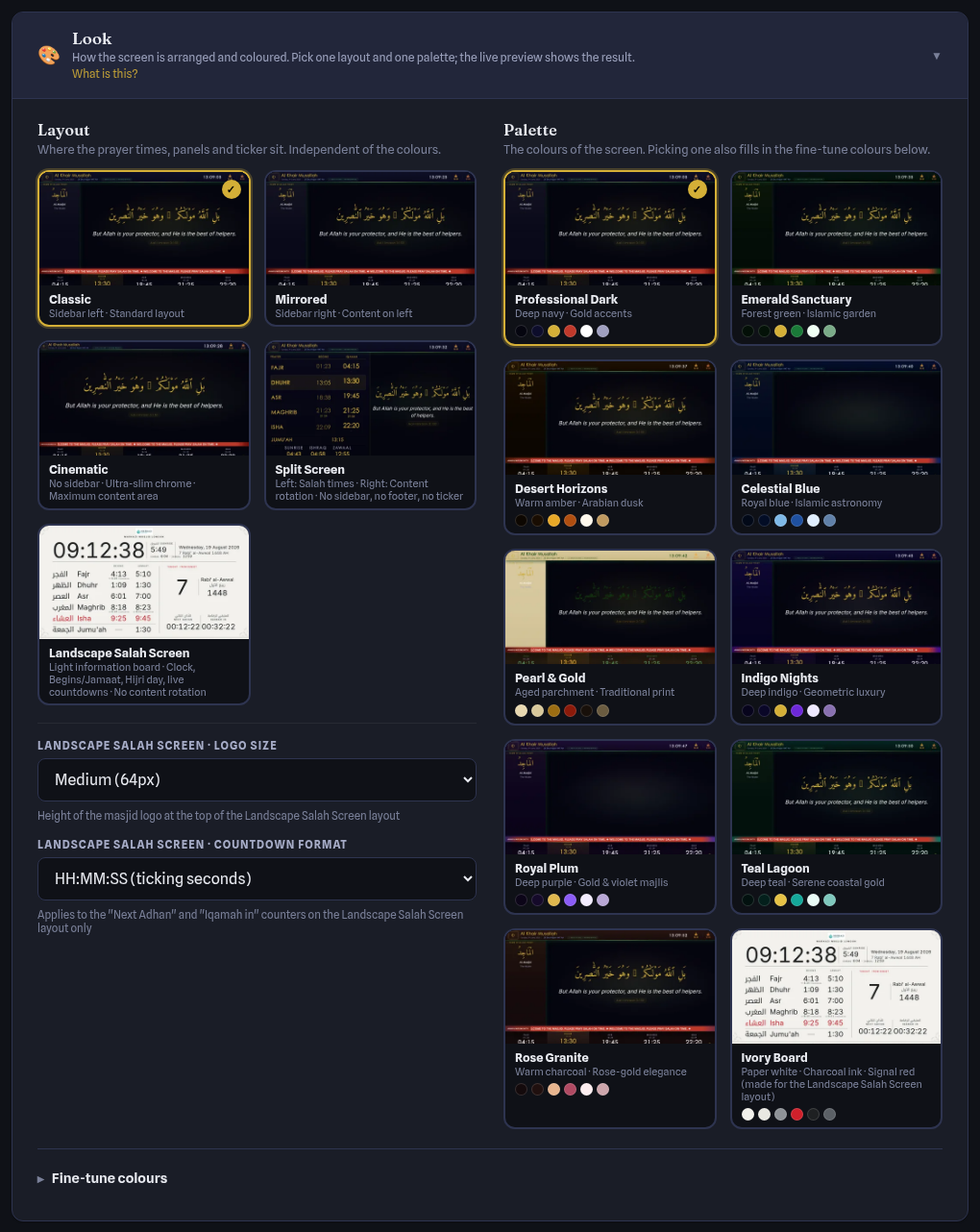 Look card: layout picker on the left, palette picker on the right, with the Landscape Salah Screen options below the layouts