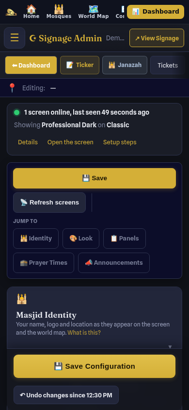 The Signage admin on a phone: one-row top bar, a swipeable strip of quick links, the status strip and the setup steps
