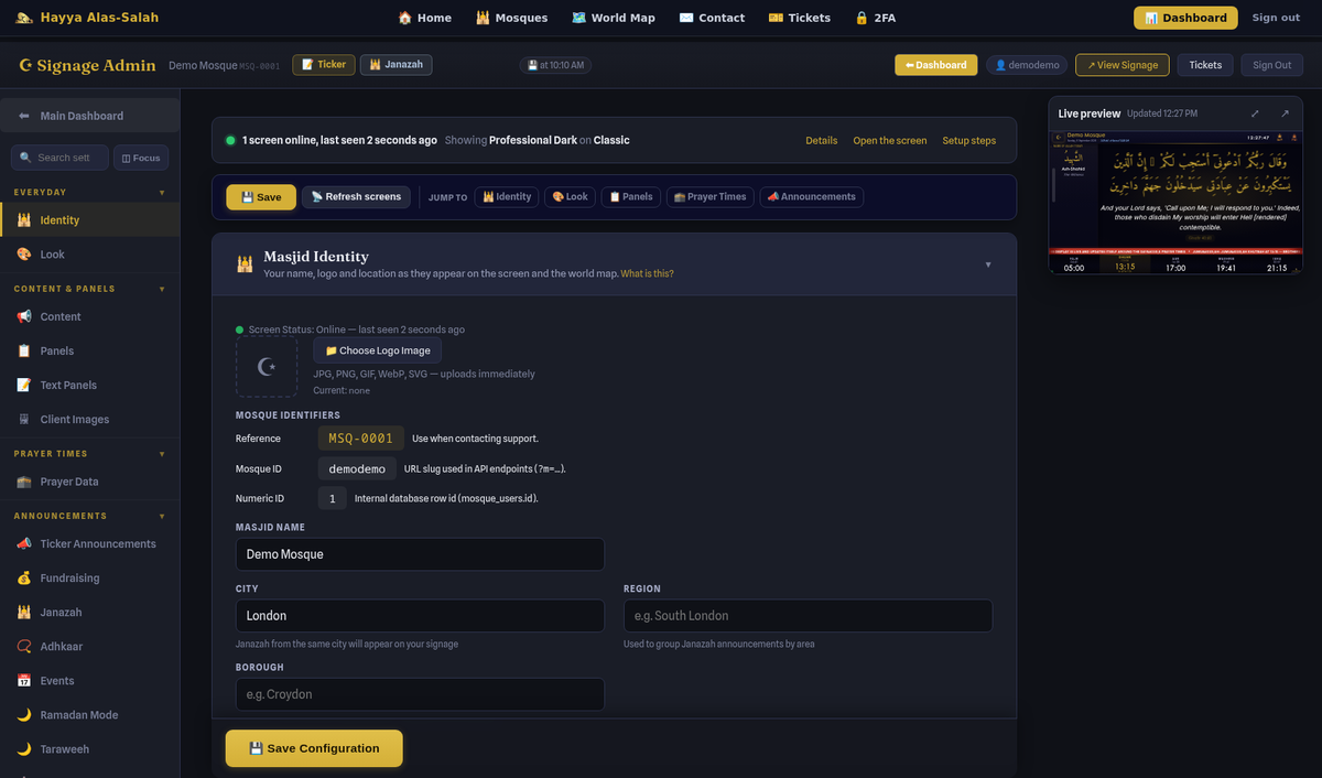 Signage admin page: sidebar, status strip, quick-action bar, Masjid Identity card and the live preview panel on the right