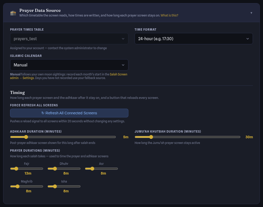 Prayer Data Source card with its Timing block: refresh button, adhkaar and khutbah durations and per-prayer durations