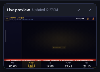 Live preview panel showing the real signage page scaled down, with enlarge and open buttons