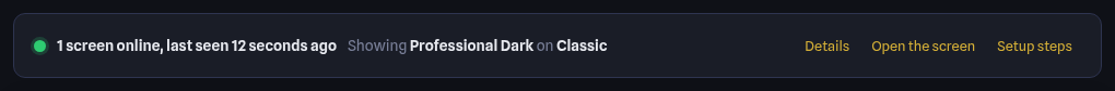 Status strip: 1 screen online, last seen 2 seconds ago, showing Professional Dark on Classic, with Details, Open the screen and Setup steps links