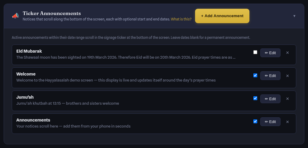 Ticker Announcements list with Add Announcement button