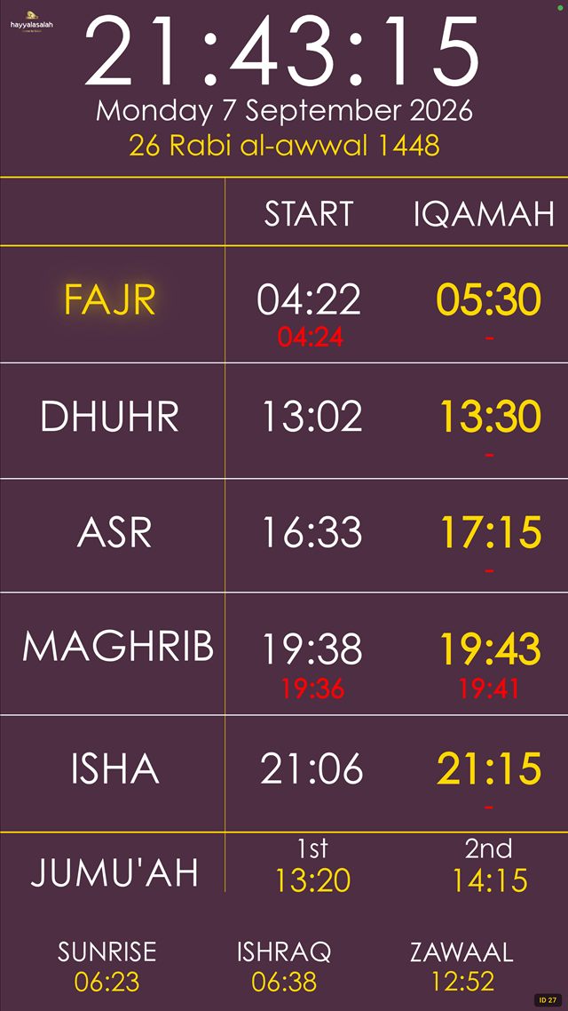 Portrait prayer-times board with Start and Iqamah columns