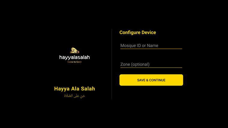 Configure Device screen: Mosque ID or Name, Zone (optional), Save & Continue