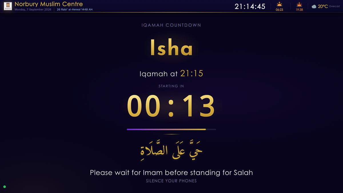 Landscape signage display showing an Iqamah countdown