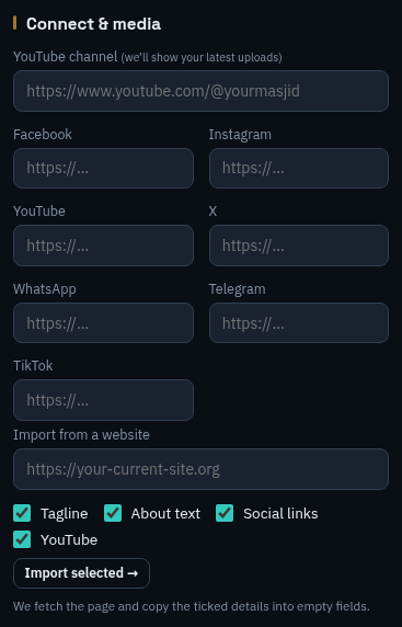 Connect and media: YouTube channel, social links, import from a website