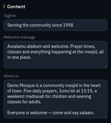 Content fields: tagline, welcome message, about us