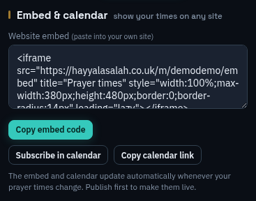 Embed and calendar: embed code and calendar subscription