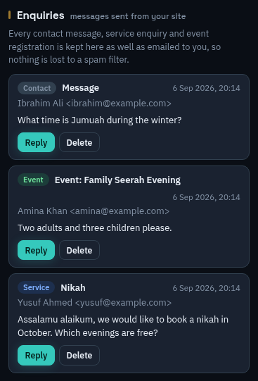 Enquiries list with Reply and Delete buttons