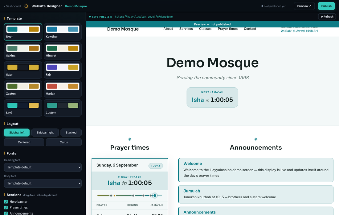 The Website Designer: settings panel on the left, live preview on the right