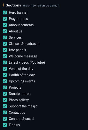Sections list with a tick per section