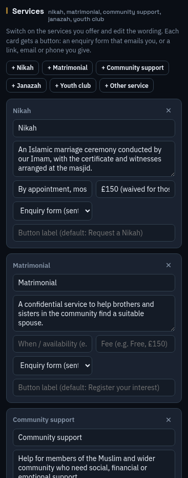 Services panel with preset buttons and a card per service