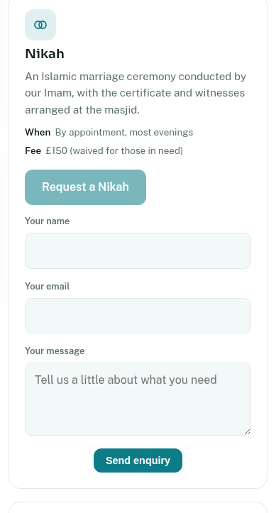 An enquiry form opened on the Nikah card