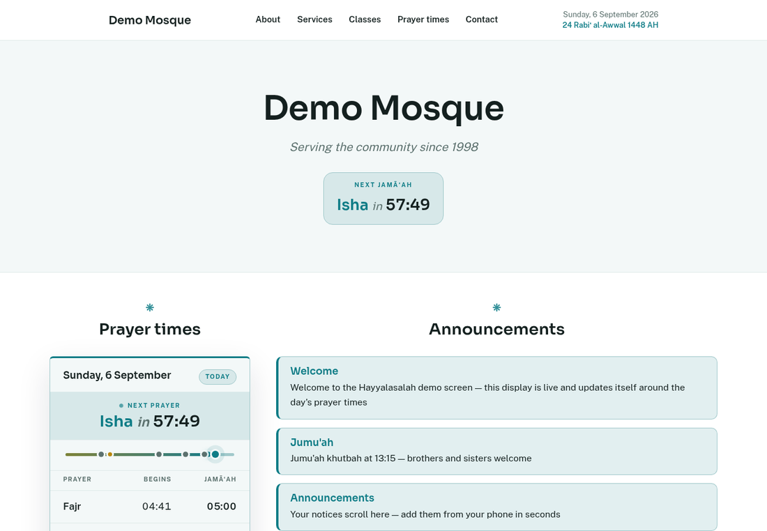 Public site home page: header, hero with next jamaah countdown, prayer times and announcements