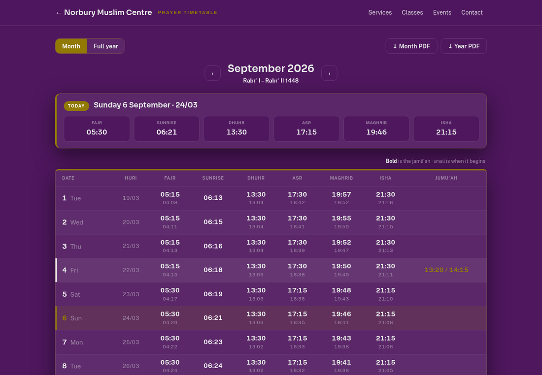 The full prayer timetable page