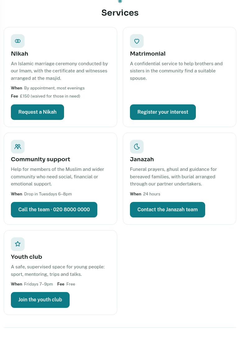 Services section with five cards