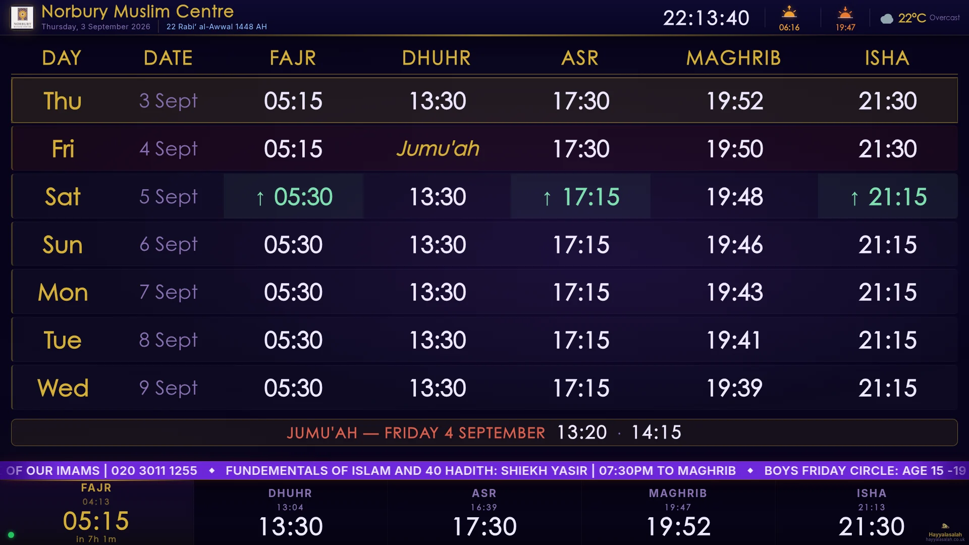 Weekly prayer timetable panel with upcoming jamaat changes highlighted